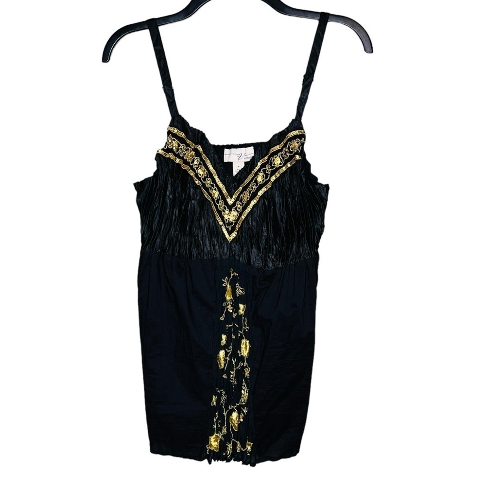 Venezia Black Smocked Gold Embellished Spaghetti Strap Top